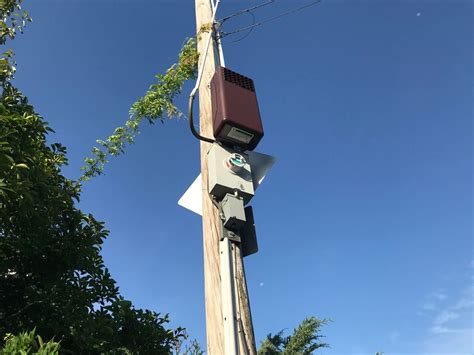 steel box on pole on side of road|town's utility pole boxes.